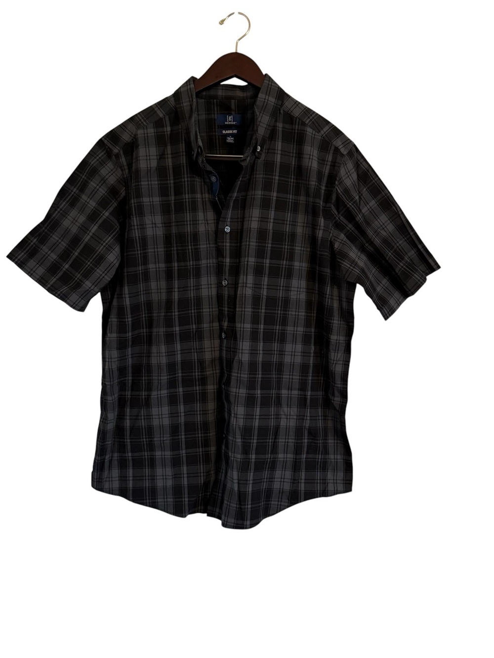 George Classic Men's Black Plaid Short-Sleeve Button-Up Shirt Size Large